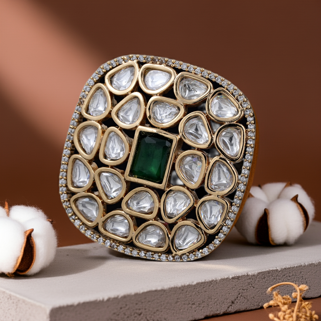 Emerald Green polki studded ring