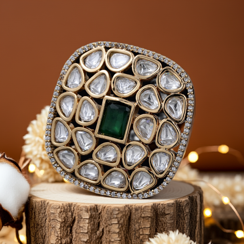 Emerald Green polki studded ring