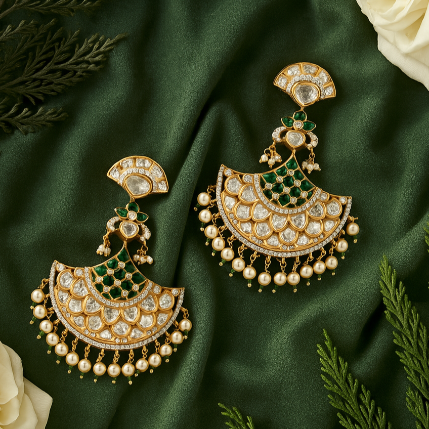 Ornate gold and gemstone earrings on a green fabric background with white roses and green leaves.