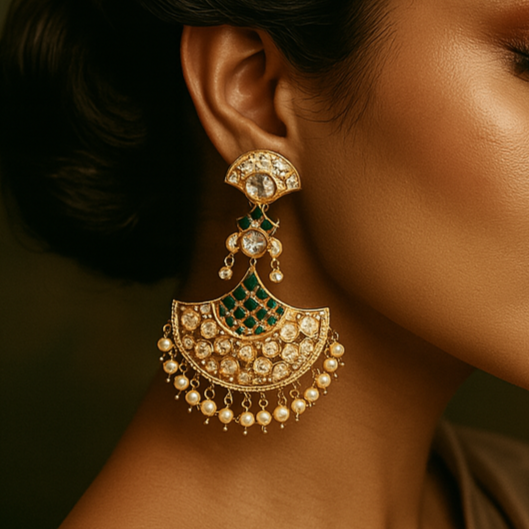 Woman wearing elaborate earrings with a warm, brown background