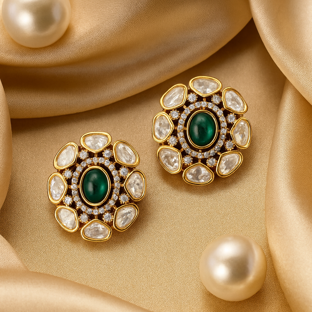 Gold earrings with green gemstones on a beige fabric background
