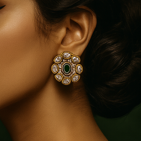 Woman wearing a large, ornate earring against a dark background