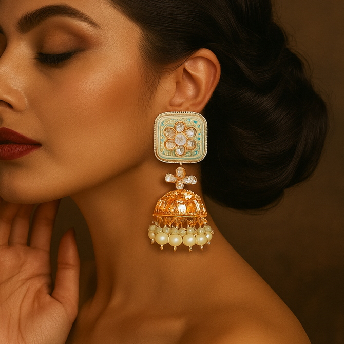 Woman wearing a large, ornate earring against a brown background