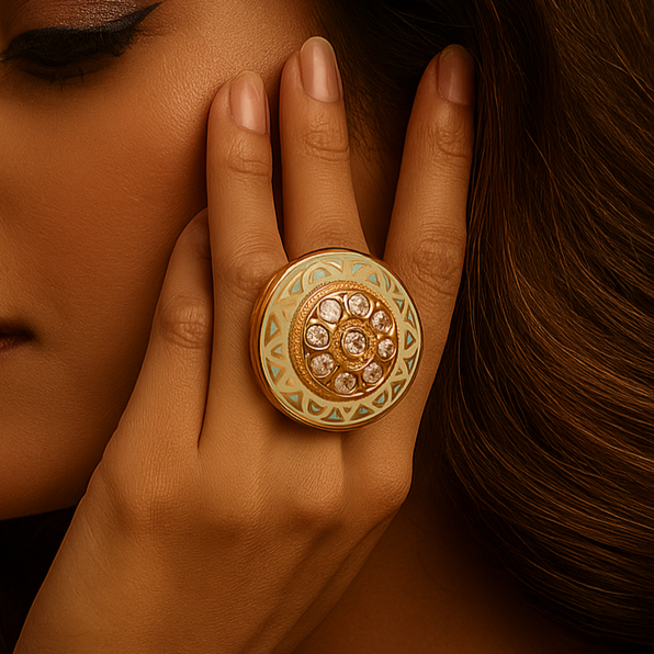 Woman wearing a gold ring with intricate design against a warm brown background
