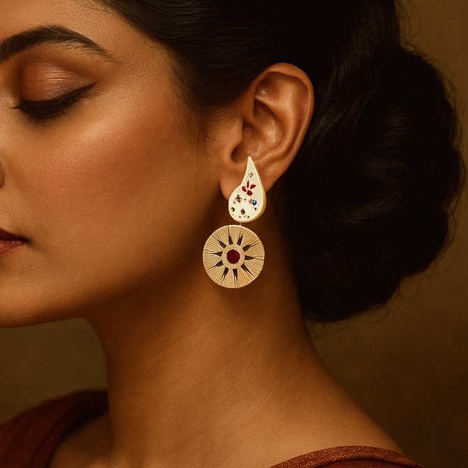 Woman wearing gold earrings against a brown background