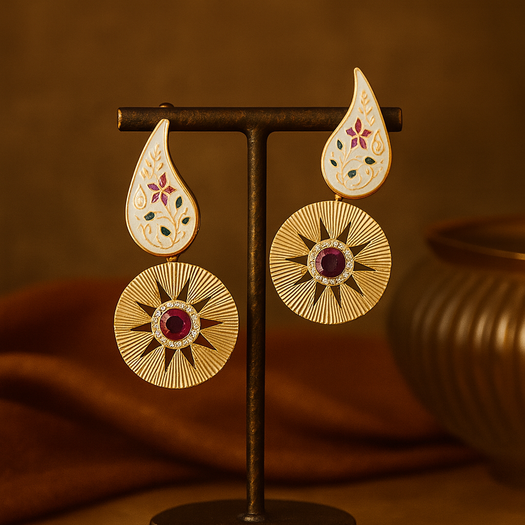 Ornate gold earrings with red gemstones on a stand against a warm brown background