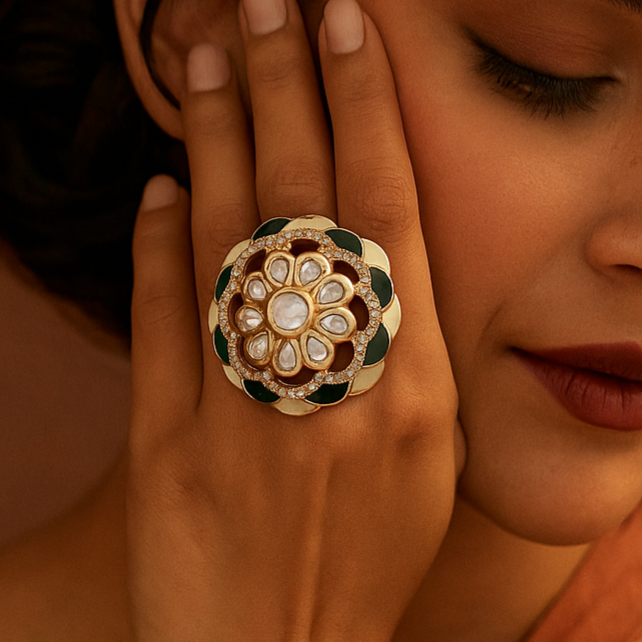 Green Minakari polki traditional ring