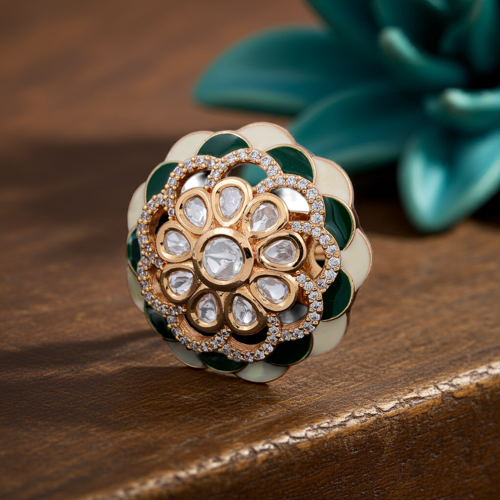 Green Minakari polki traditional ring