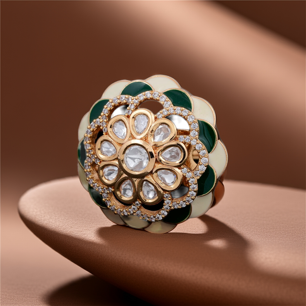 Green Minakari polki traditional ring