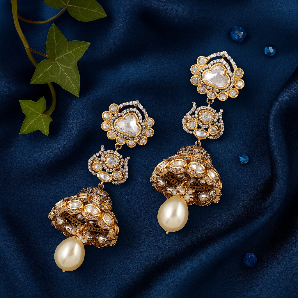 Ornate gold and pearl earrings on a dark blue fabric background with green leaves and blue stones.