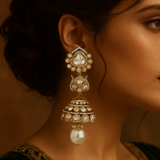 Woman wearing ornate earrings against a warm brown background