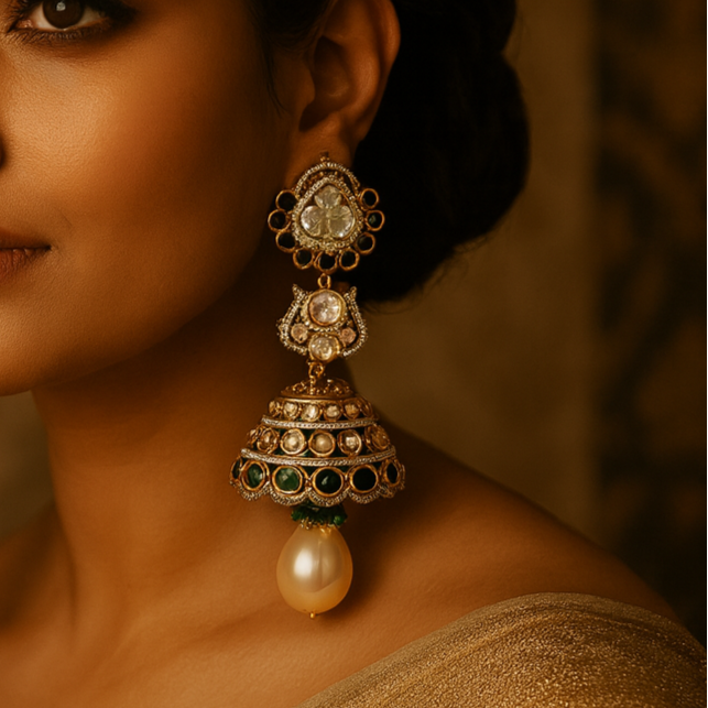 Woman wearing traditional earrings with a gold saree against a warm-toned background