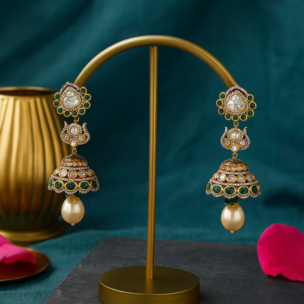Ornate gold earrings with pearls and green stones on a gold stand against a teal background.