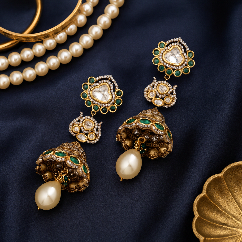 Ornate gold and pearl earrings on a dark fabric background