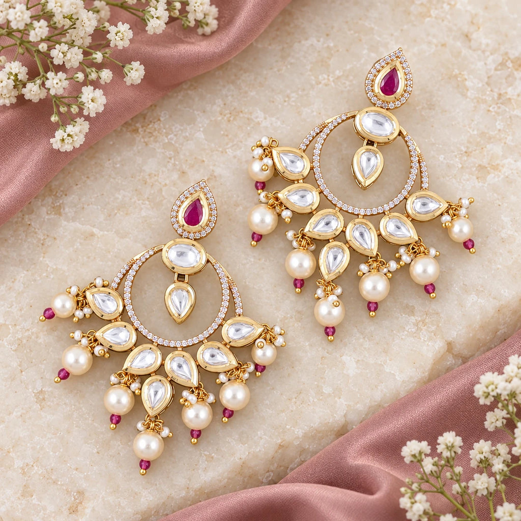 Pair of Kanika ruby-colour and pearl-style chandbali earrings on ivory stone beside dusty rose silk and small white flowers.
