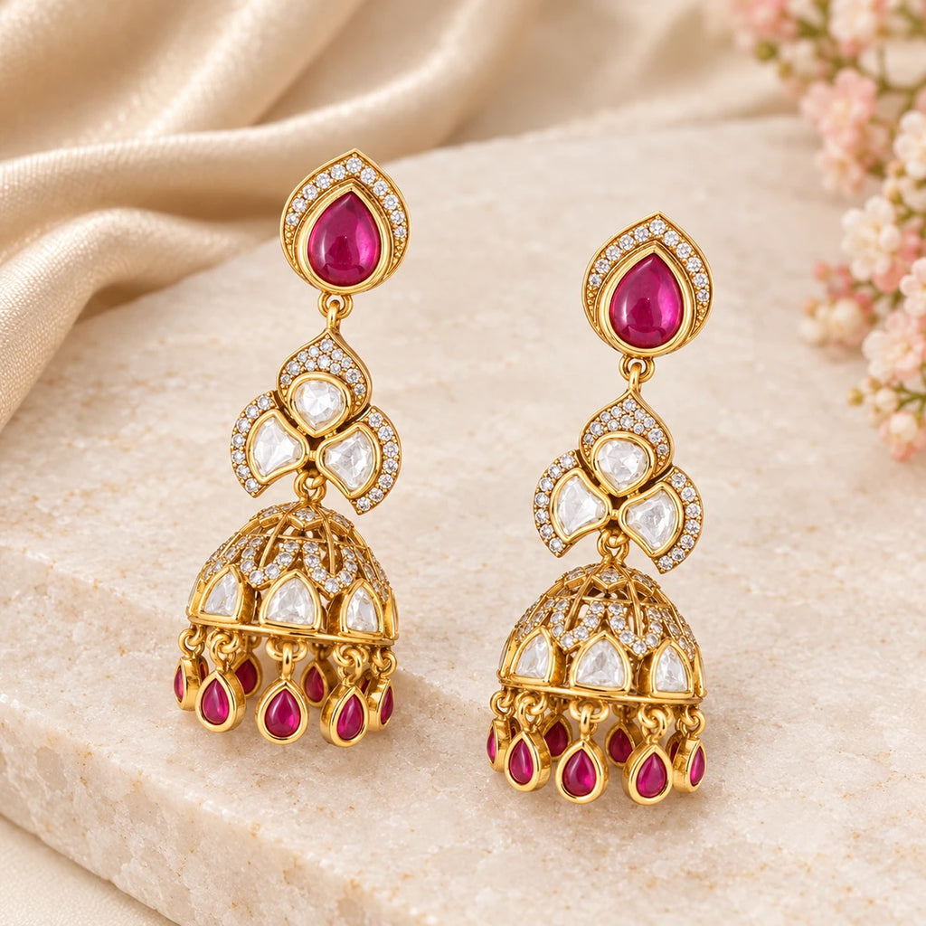 Pair of Kashika ruby-colour jhumka earrings with clear-stone domes on cream stone beside champagne silk and blush flowers.