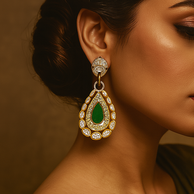 Woman wearing a gold earring with a green gemstone against a brown background