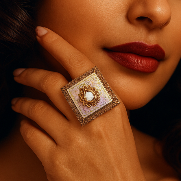 Multi color Minakari polki center stone ring