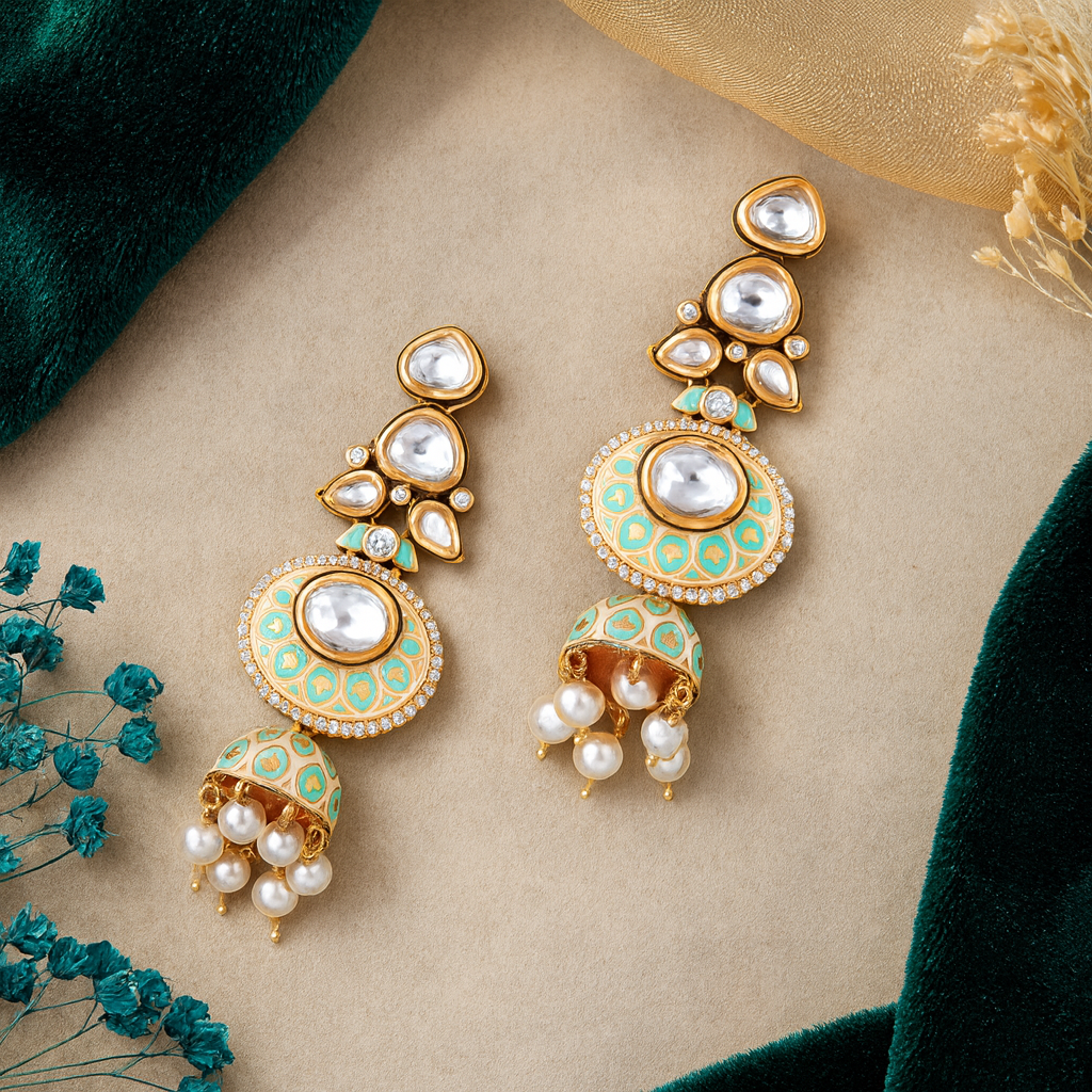 Pair of Kritara ivory and mint jhumka earrings on pale cream stone beside sage silk and white flowers.