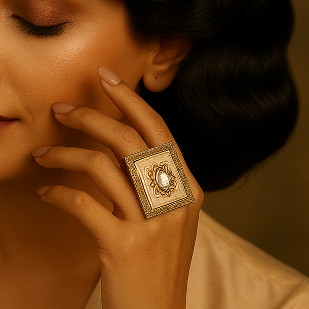 Pink Minakari polki center stone ring