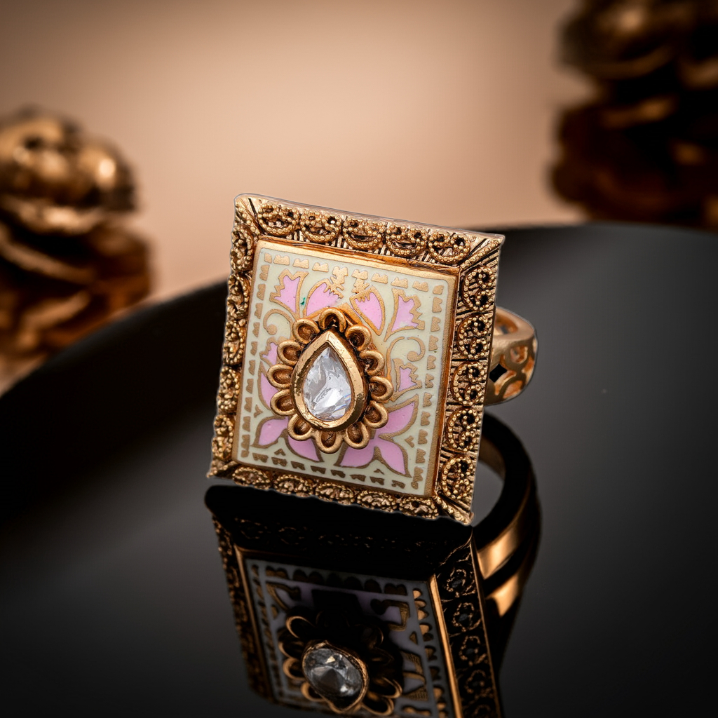 Pink Minakari polki center stone ring
