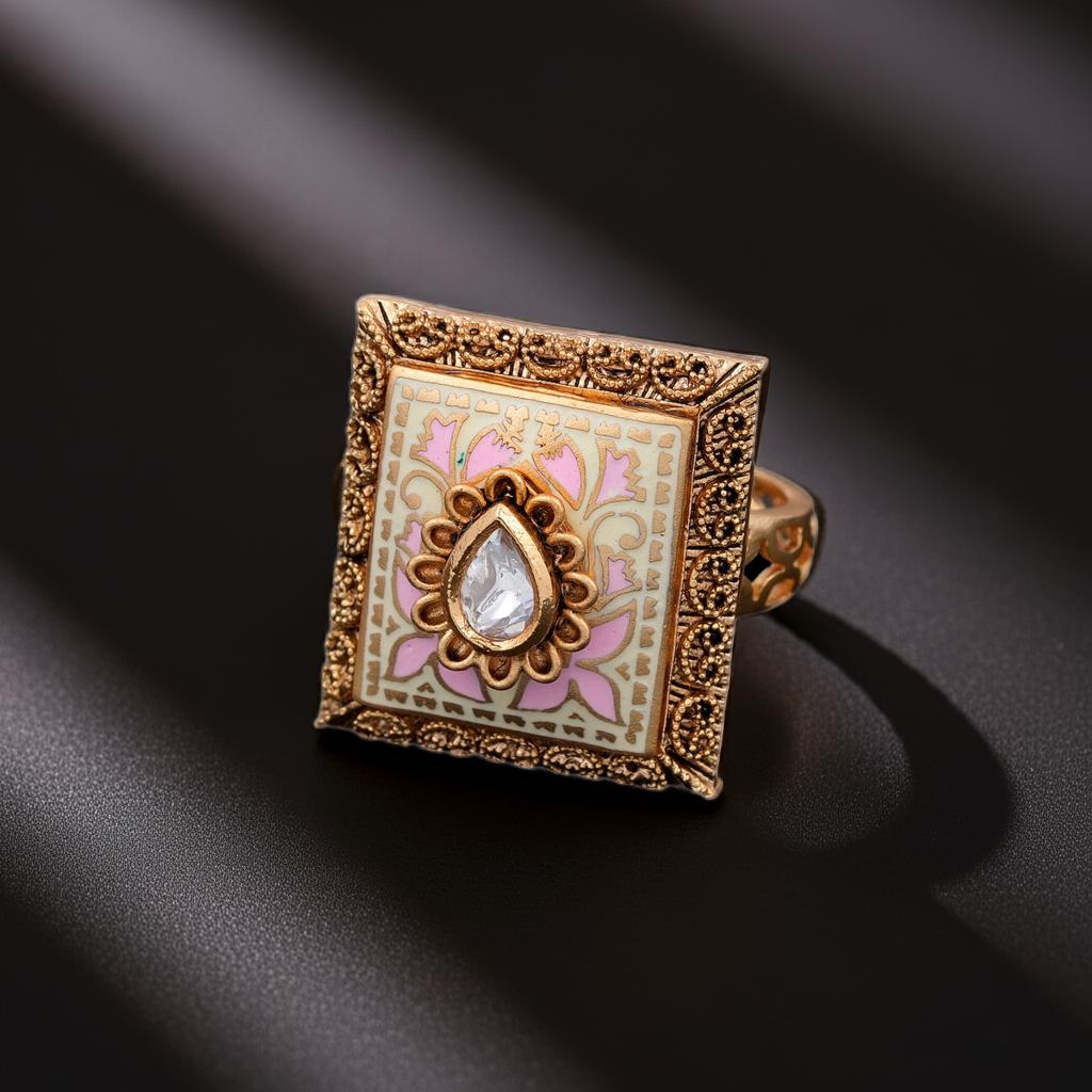 Pink Minakari polki center stone ring