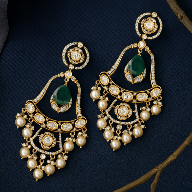 Ornate gold earrings with pearls and green stones on a dark background