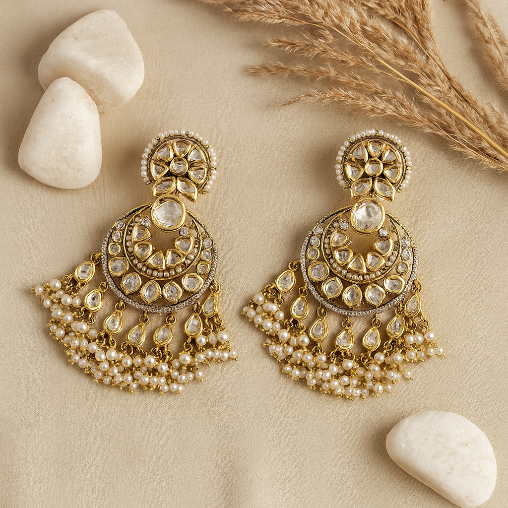 Gold and pearl earrings on a beige surface with stones and dried grass.