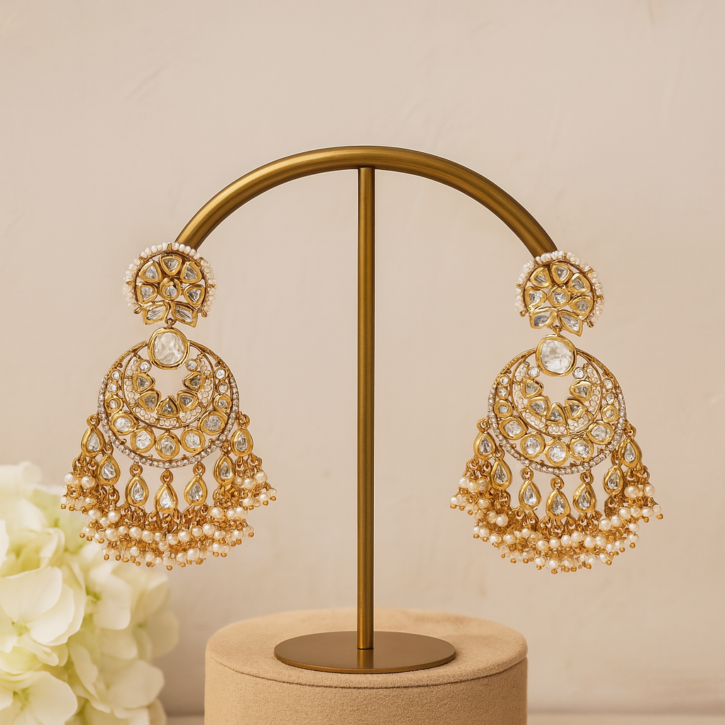 Ornate gold earrings on a stand with a soft beige background