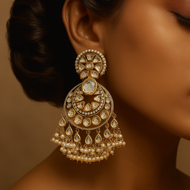 Woman wearing a pair of ornate gold earrings against a brown background