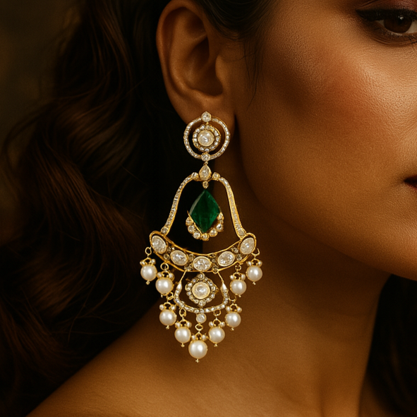 Woman wearing a pair of ornate earrings with a dark background