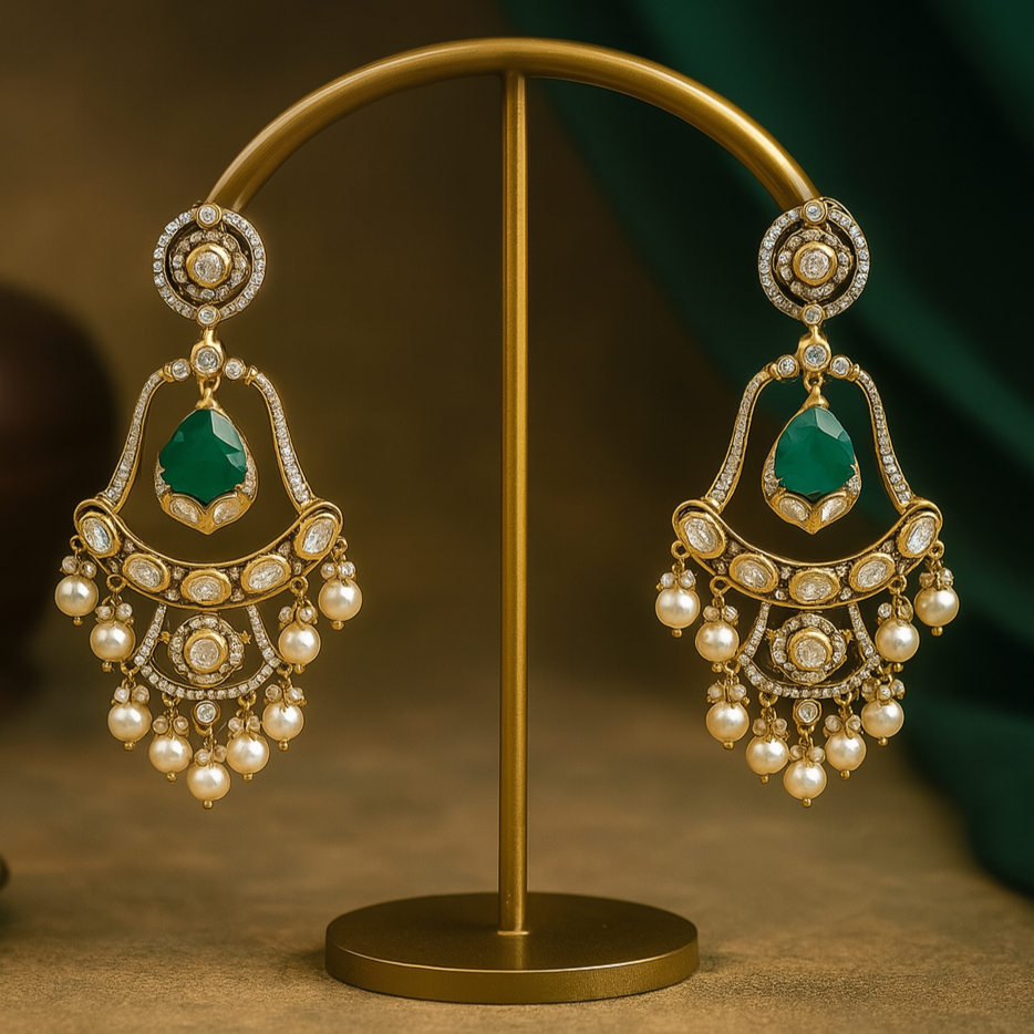 Ornate earrings with green gemstones and pearl accents on a gold stand against a dark background