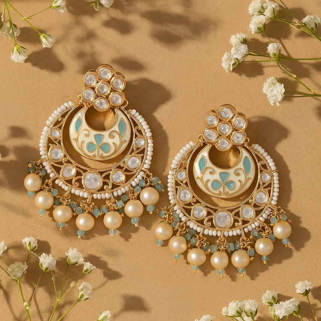 Polki Pearl Meenakari Chandbali