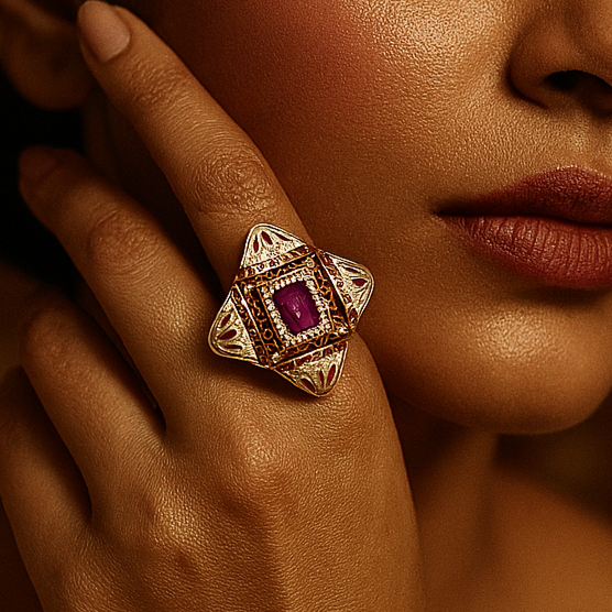 Woman wearing a ring with a prominent gemstone, set against a warm-toned background