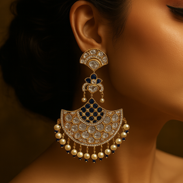 Woman wearing a pair of ornate earrings with a warm, brown background