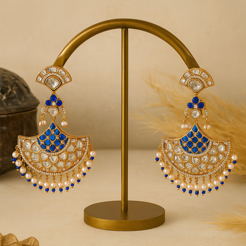 Ornate earrings with blue and pearl accents on a gold stand against a beige background