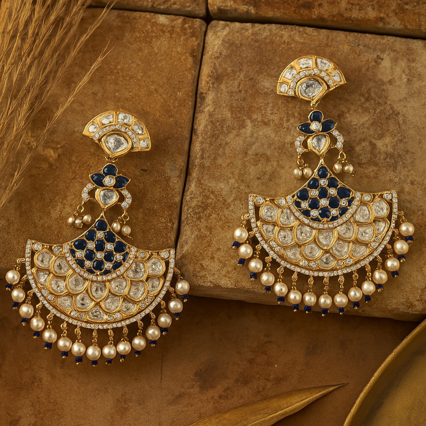 Ornate gold, blue, and pearl earrings on a textured brown surface with dried grass.