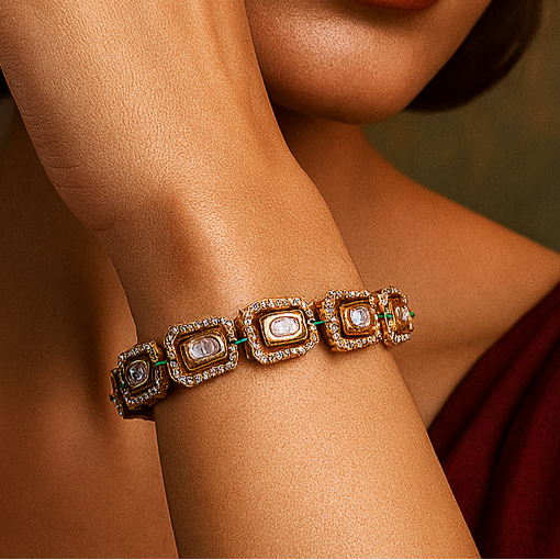 Woman wearing a bracelet with a warm, brown background