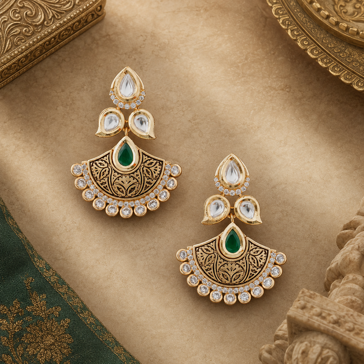 Aadhira antique Kundan fan earrings displayed on a warm heritage-inspired background