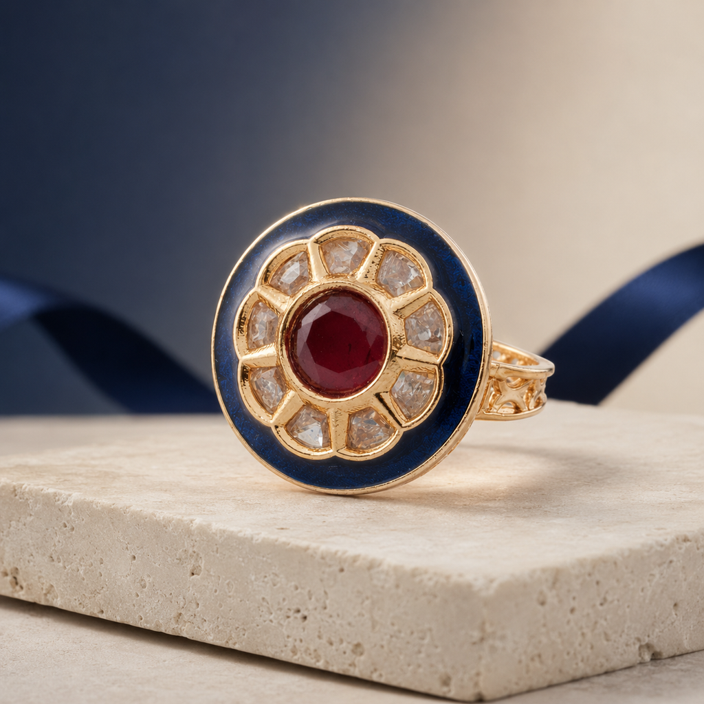 Aaradhya blue and red cocktail ring on an elegant product display