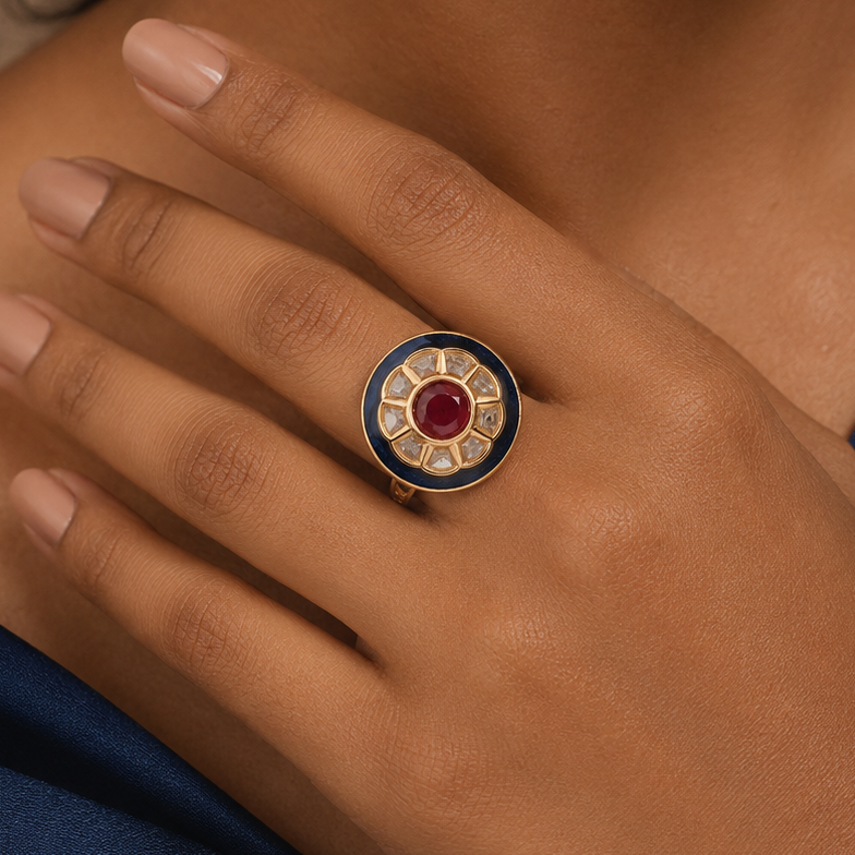 Woman wearing the Aaradhya navy-blue enamel statement finger ring