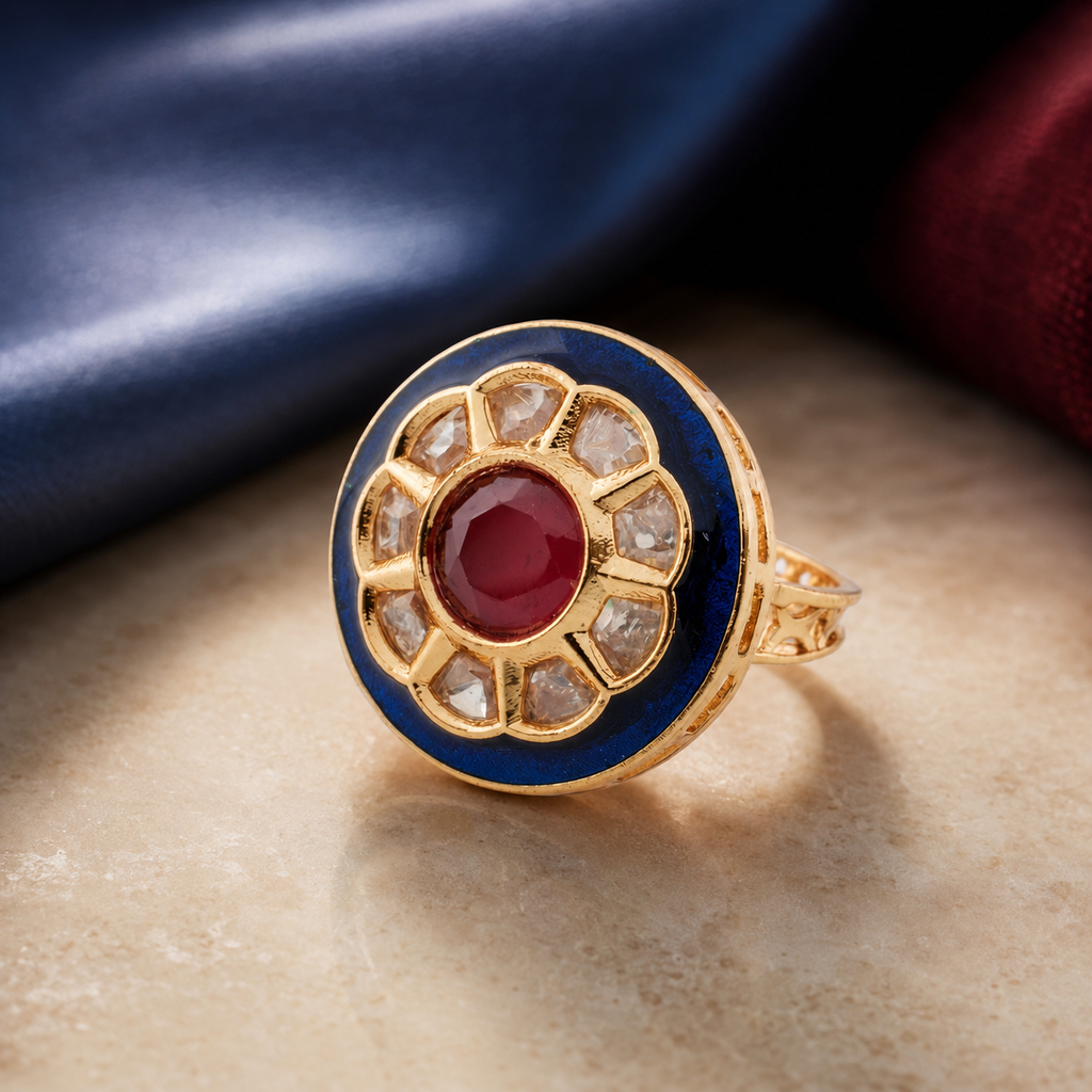 Navy-blue enamel statement ring displayed with blue and burgundy fabric