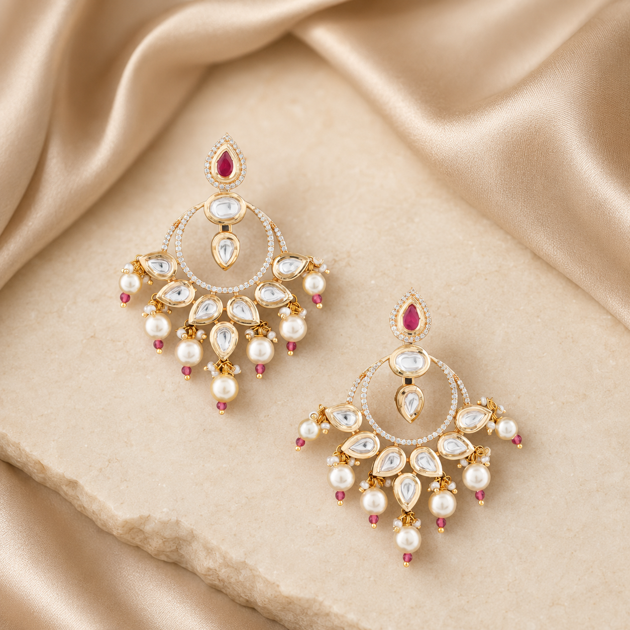 Aaradhya Kundan pearl chandelier earrings displayed on warm ivory stone with champagne silk