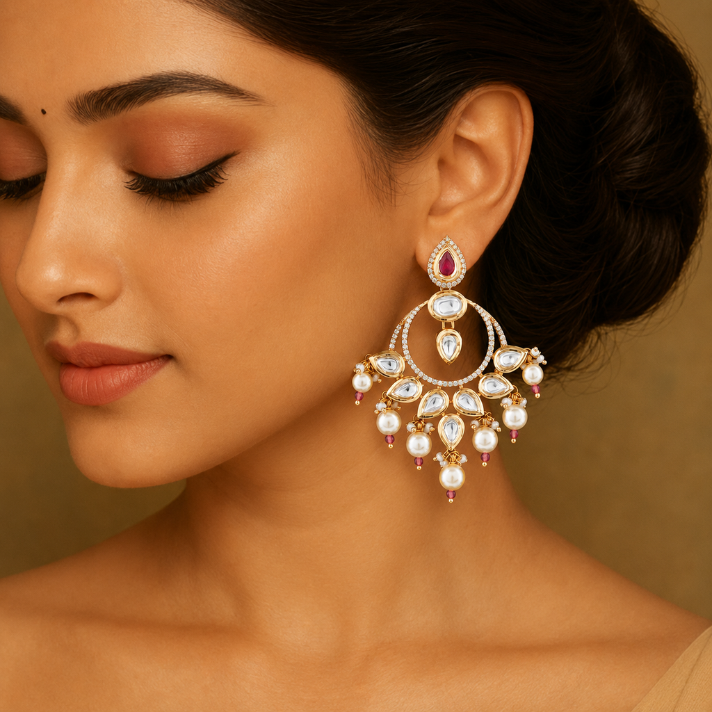 Close-up of a model wearing an Aaradhya gold-finish Kundan pearl chandelier earring