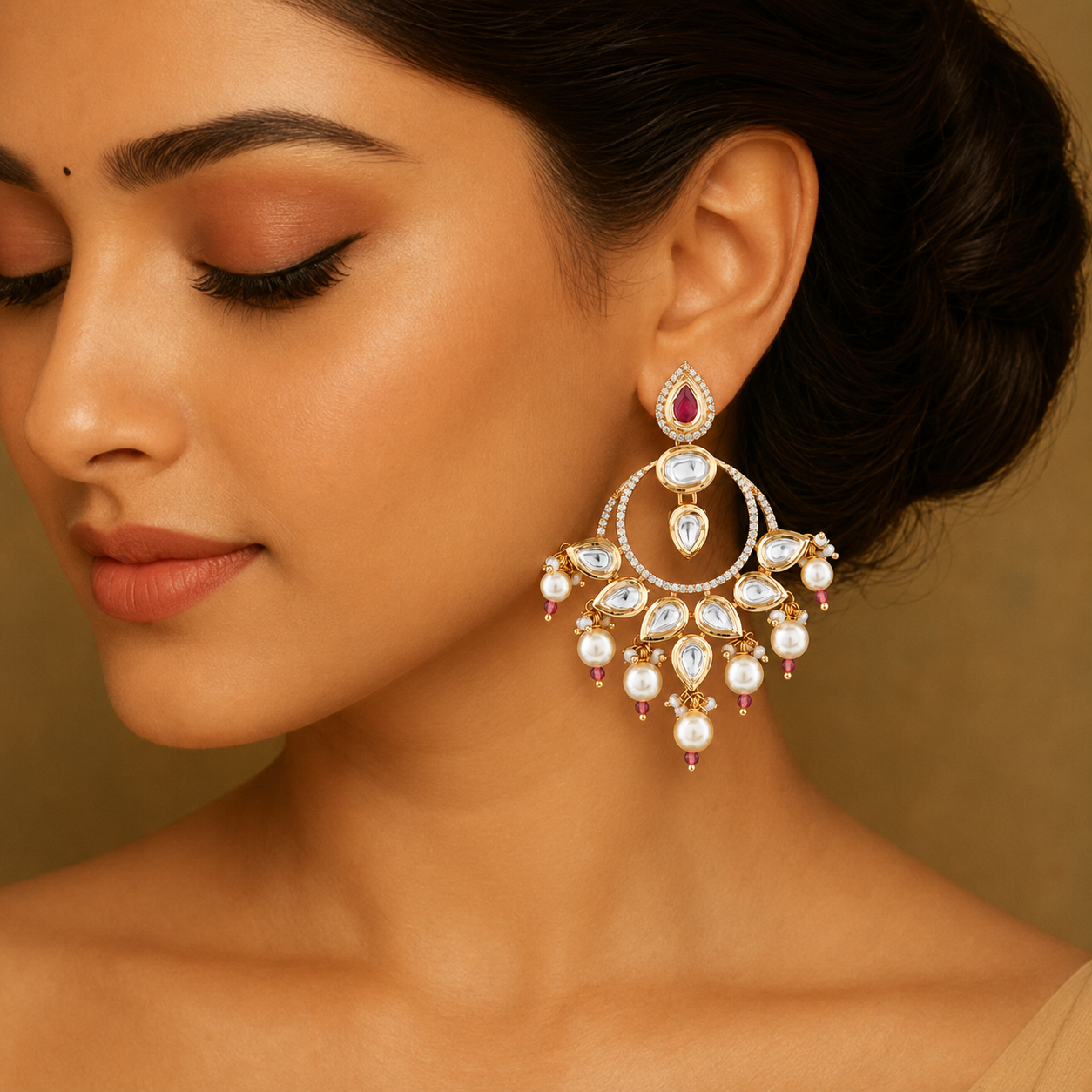Close-up of a model wearing an Aaradhya gold-finish Kundan pearl chandelier earring