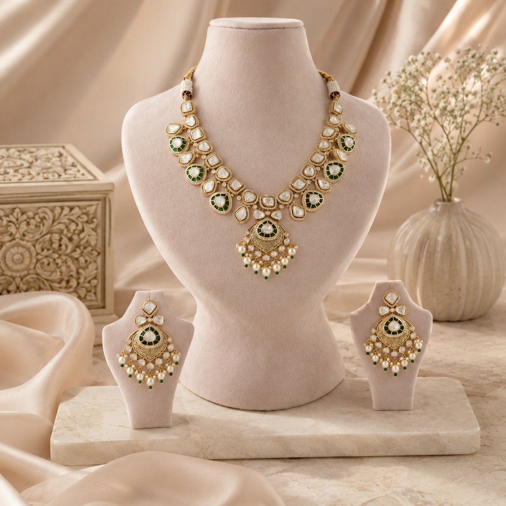 Aaranya gold-plated Kundan necklace set with green stones, white moti and matching earrings