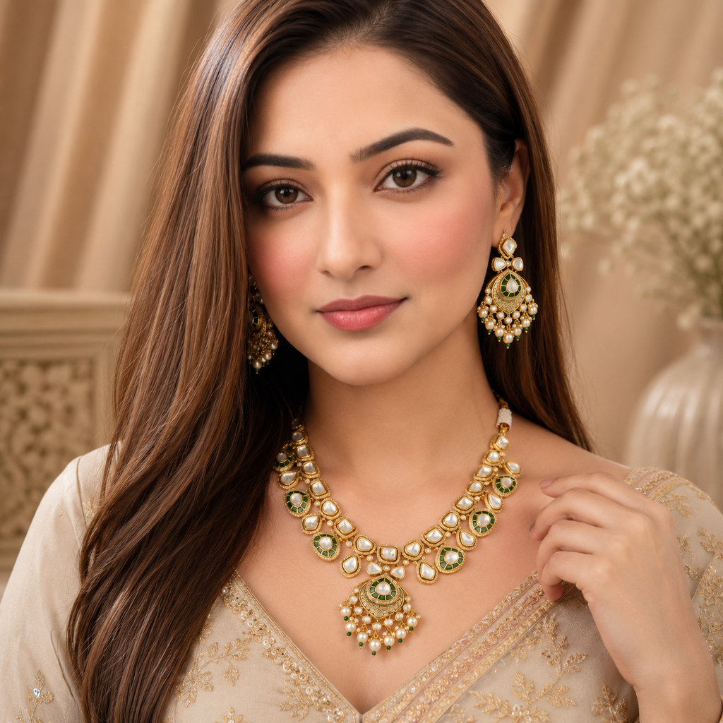 Model wearing Aaranya green Kundan necklace set with white moti drops and matching earrings