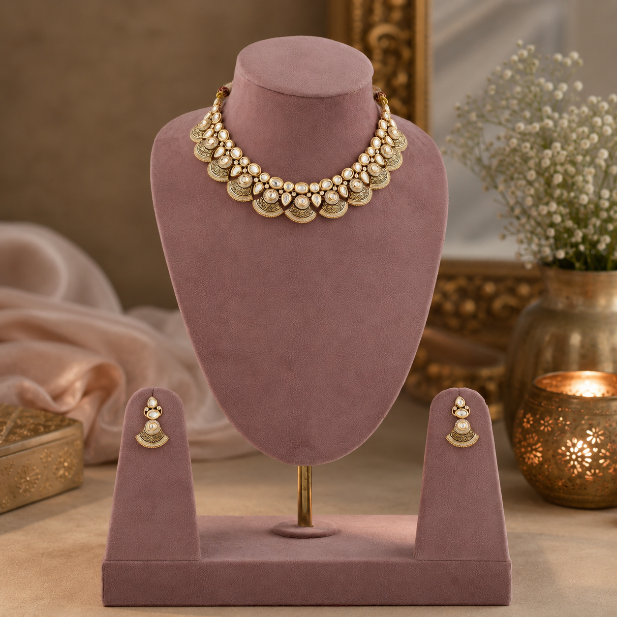 Gold finish engraved diamond-look necklace set with earrings