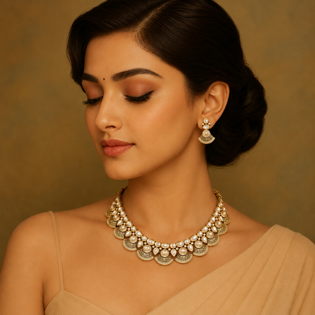 Aarini Engraved Diamond Row Necklace Set on model