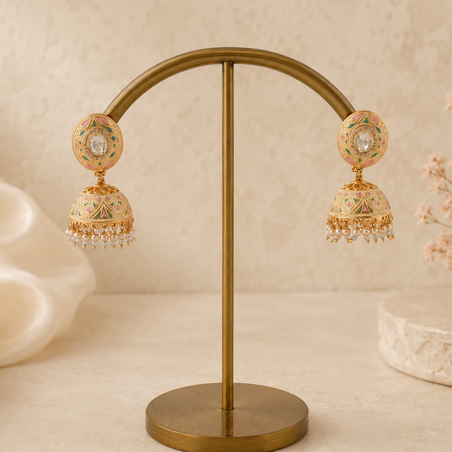 Aarini pastel meenakari pearl jhumka earrings displayed on a luxury ivory background